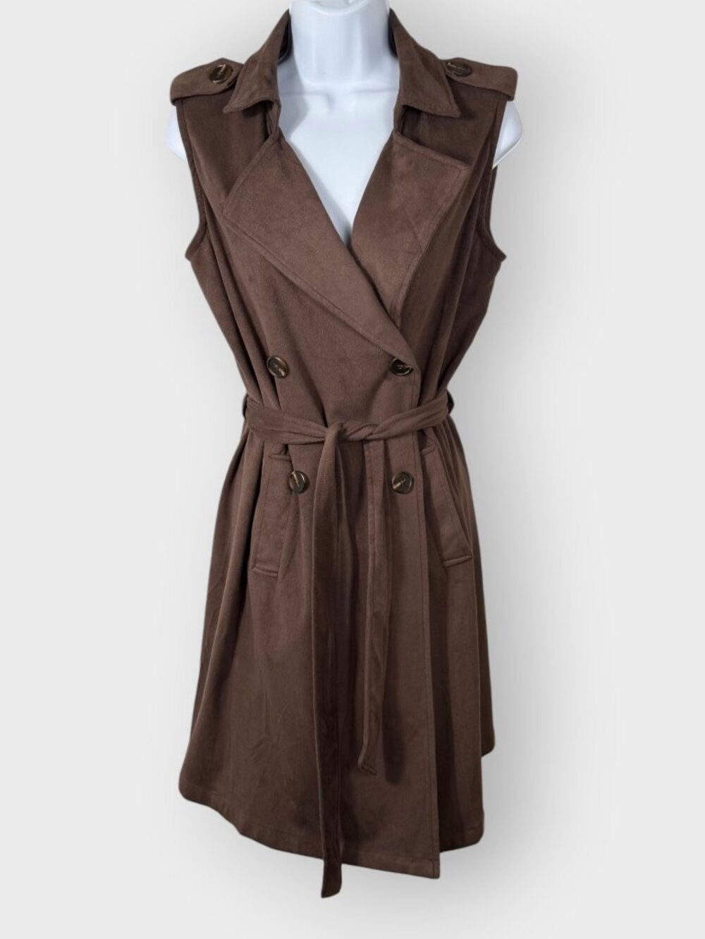 NEW Sincerely Jules Faux Suede Long Line Trench Vest | M | Brown | Boho Chic